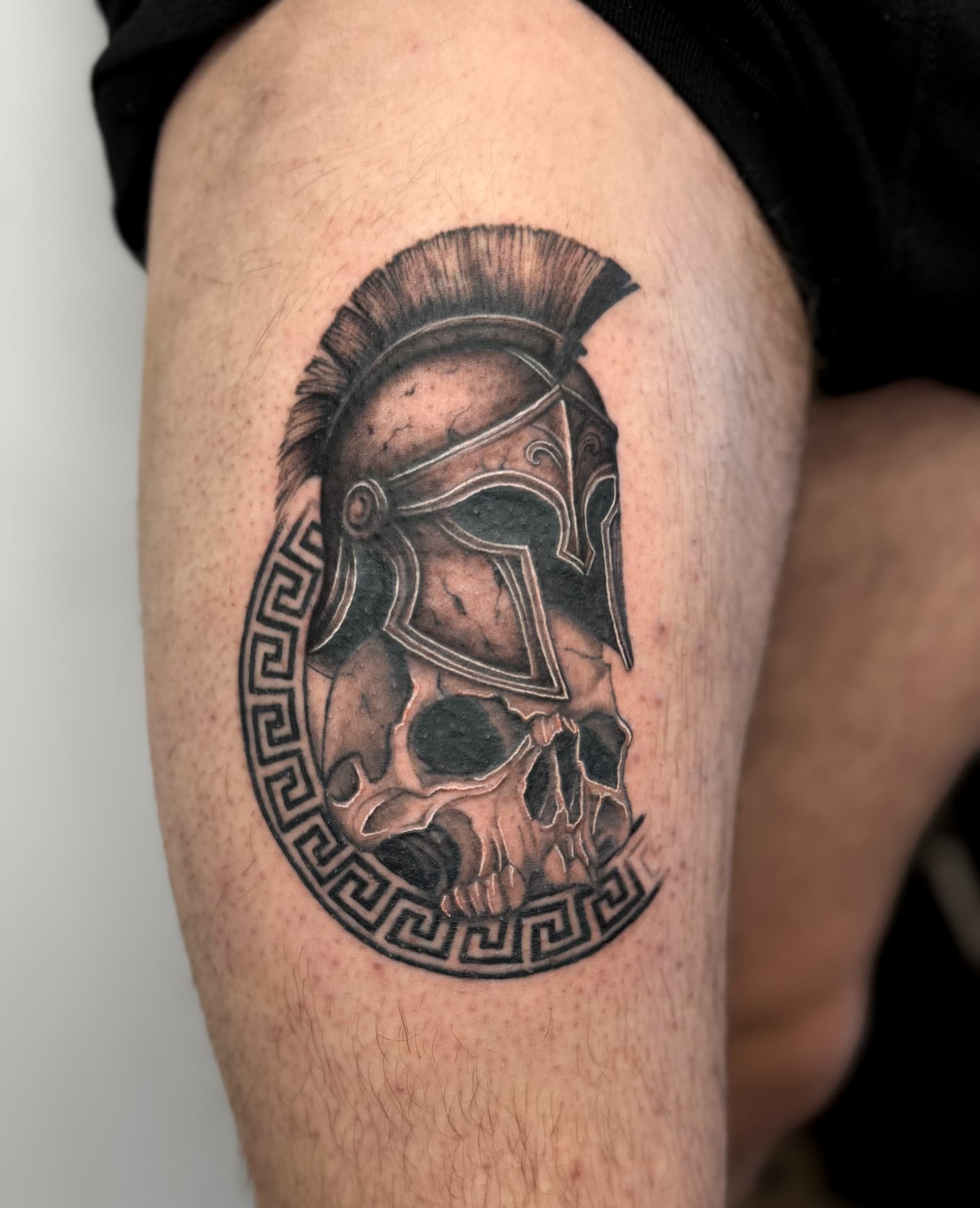 Spartan Skull — Realism · Black & Grey tattoo by Ana at Blasian Ink